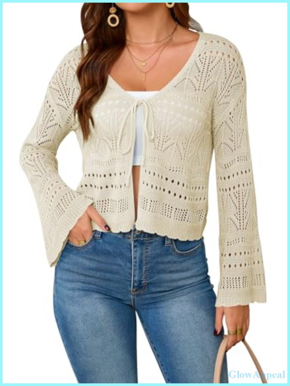 Crochet Cropped Cardigan Tie Front Shrug Bell Sleeve V-Neck Sweater